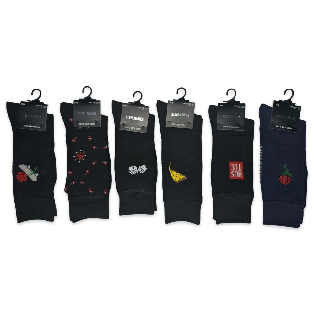 Steve Madden Men's Crew Socks 6 Pair Pack Size 6–12.5 Novelty Fun Designs NEW